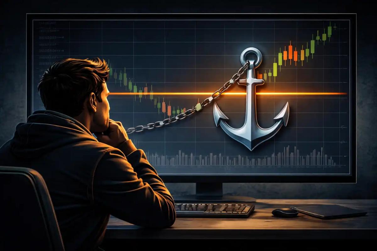 Illustration of a trader fixated on a single price level on a chart, represented by an anchor symbol attached to the price, showing anchoring bias in trading