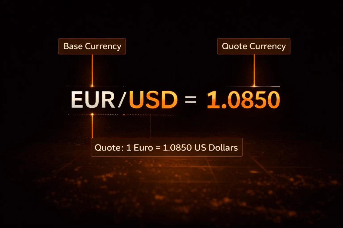 Currency pair diagram showing base and quote currency in a forex quote example