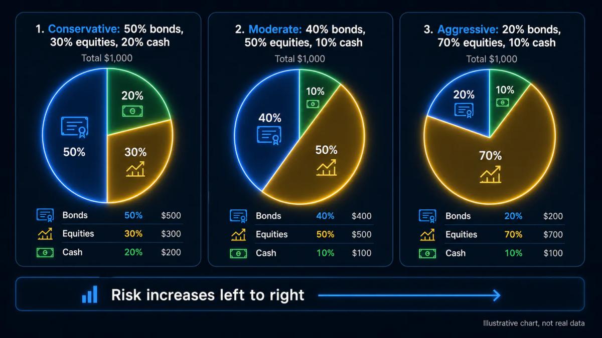 Three portfolio allocation pie charts side by side showing conservative, moderate, and aggressive $1,000 splits
