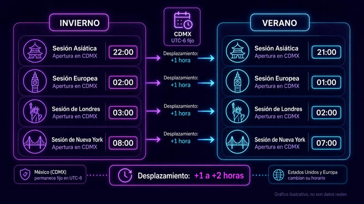 Calendario con dos columnas mostrando desplazamiento de horarios entre invierno y verano en Estados Unidos y Europa