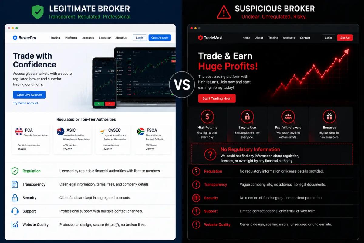 Forex broker scam warning signs - comparing legitimate and suspicious broker websites