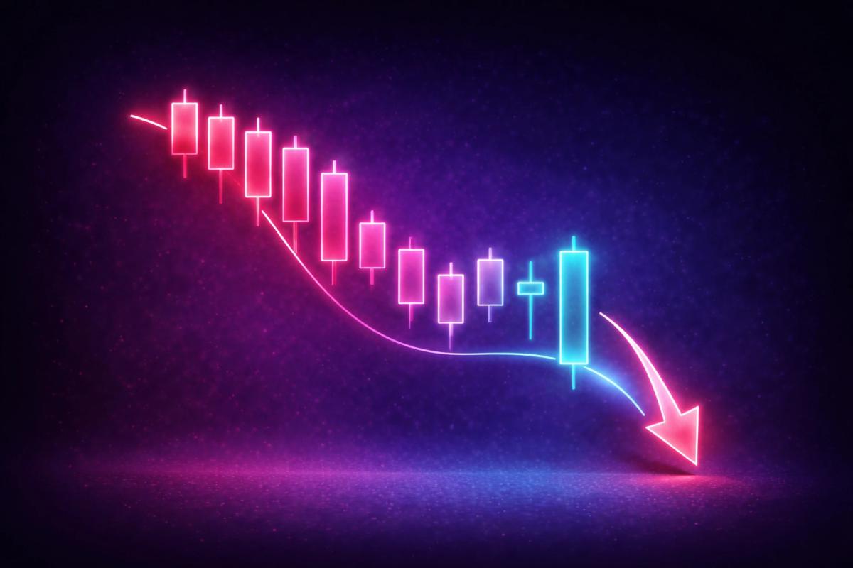Gráfico de velas japonesas en caída con estética fintech 3D sobre fondo púrpura a azul marino