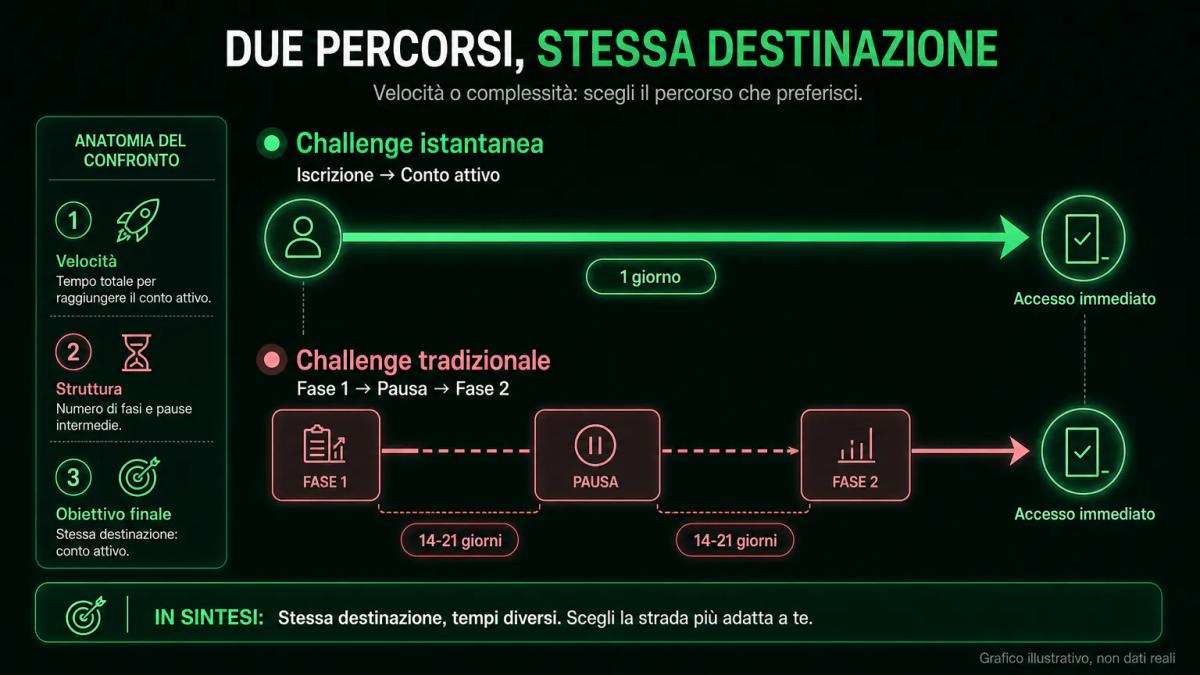 Confronto visivo tra due percorsi: uno lineare rapido con una freccia dritta, uno con tre fasi e pause intermedie