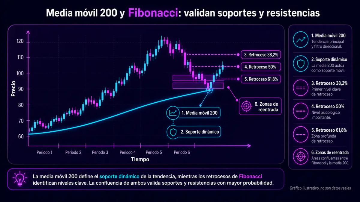 Gráfico editorial con media móvil 200 periodos como soporte dinámico y retrocesos Fibonacci en zona de reentrada