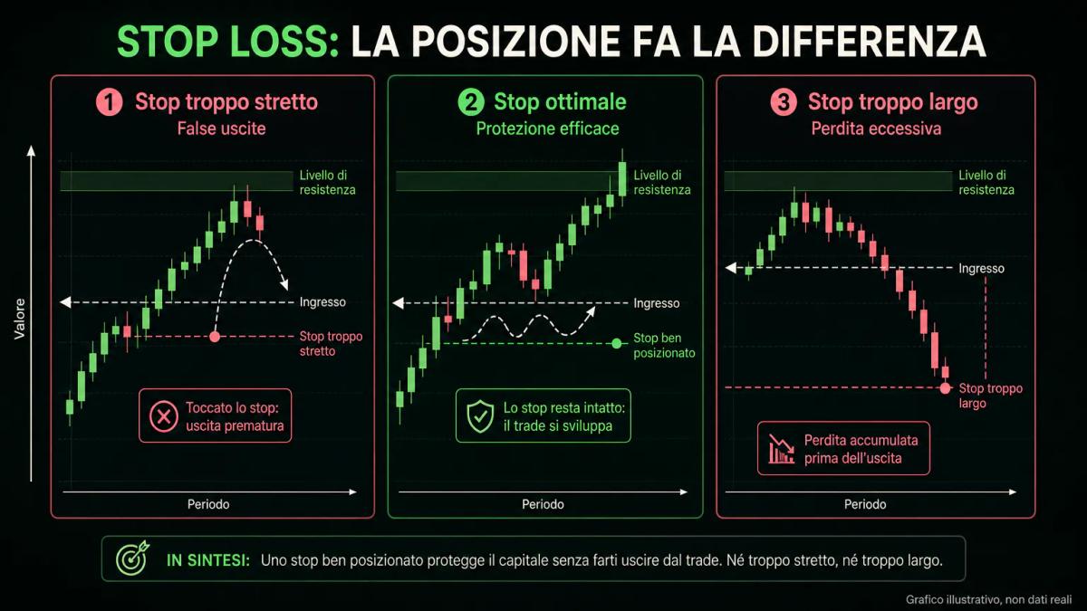 Infografica che confronta stop loss troppo stretto, ottimale e troppo largo con i relativi rischi
