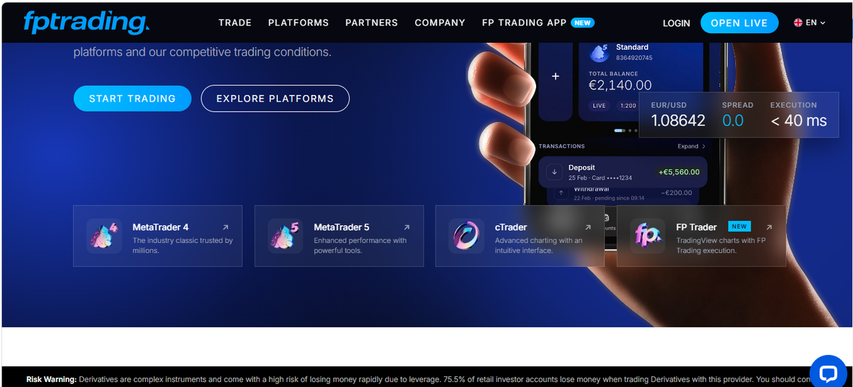 Sección de plataformas de FP Trading con descargas de MetaTrader y herramientas