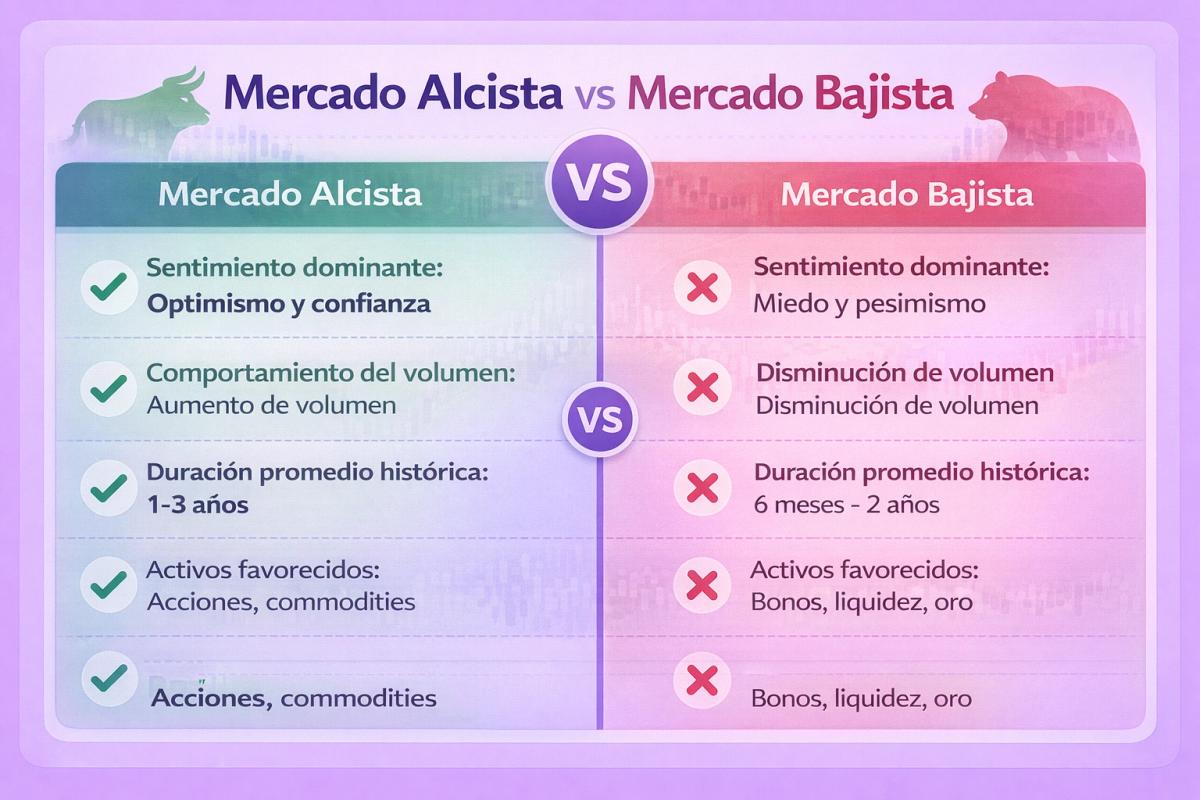 Tabla comparativa de características del mercado alcista versus mercado bajista