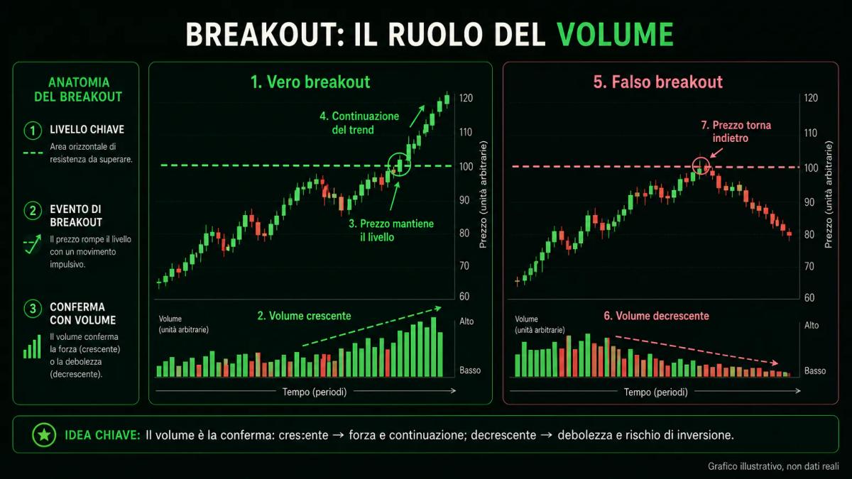 Confronto visivo tra un vero breakout con volume crescente e un falso breakout con volume decrescente