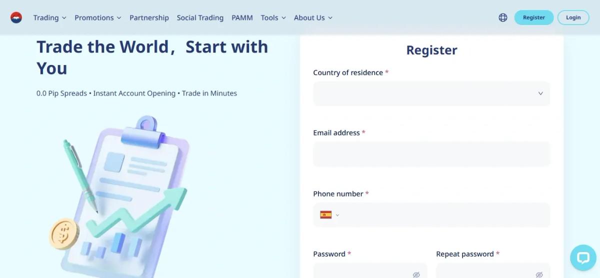 The Spec Markets registration page advertising 0.0 pip spreads and instant account opening