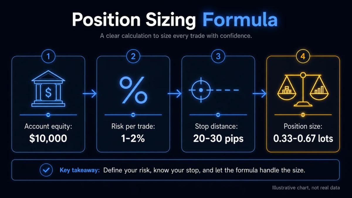 Position sizing calculation showing account equity, risk percentage, stop distance and resulting lot size
