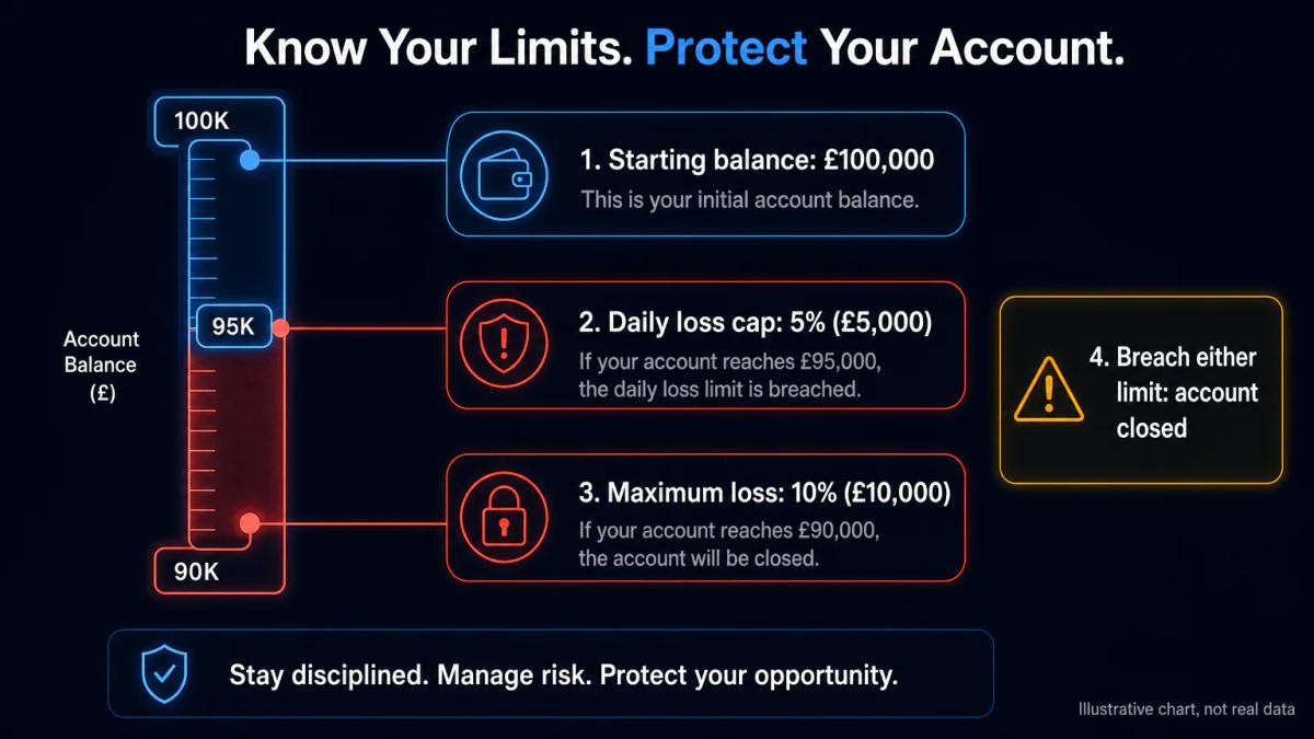 Risk limits diagram showing daily 5% loss cap and maximum 10% drawdown with account closure threshold