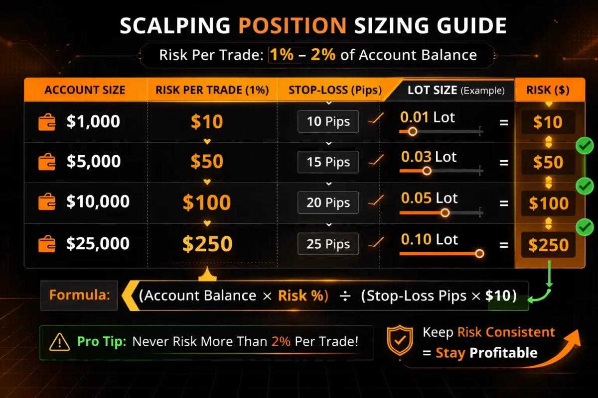 Scalping position sizing infographic showing risk per trade and lot sizes for account sizes from 00 to 000