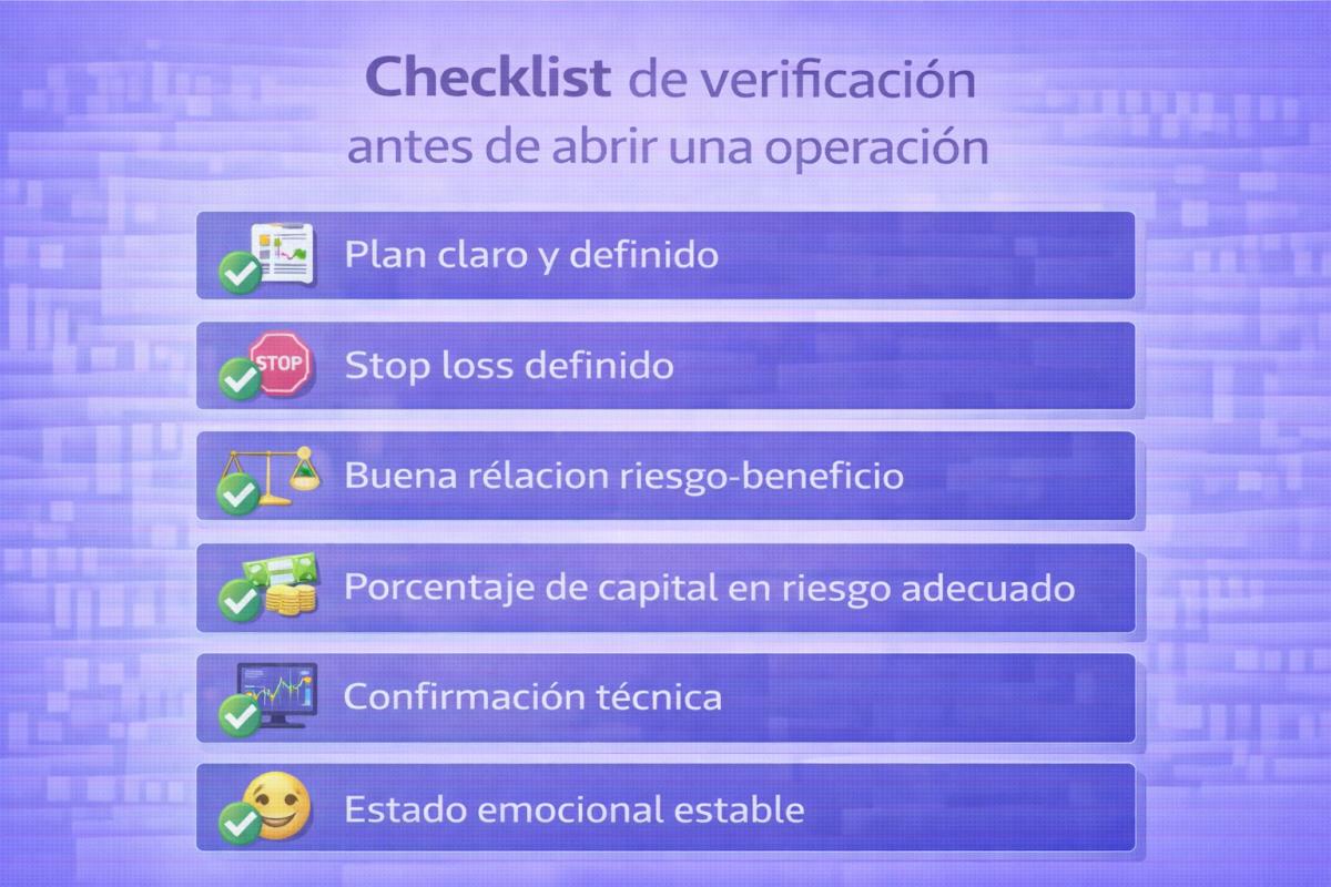 5: Checklist visual pre-operación con puntos de verificación antes de abrir una posición