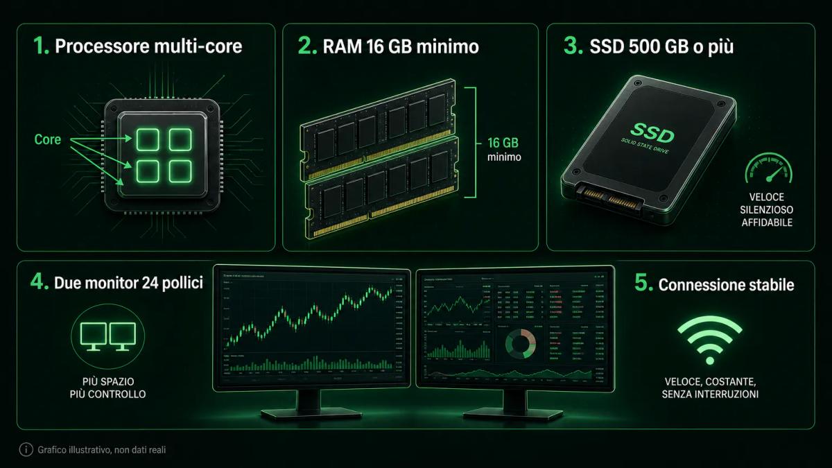 Infografica che mostra i componenti hardware essenziali: processore multi-core, 16 GB RAM, SSD 500 GB e doppio monitor 24 pol