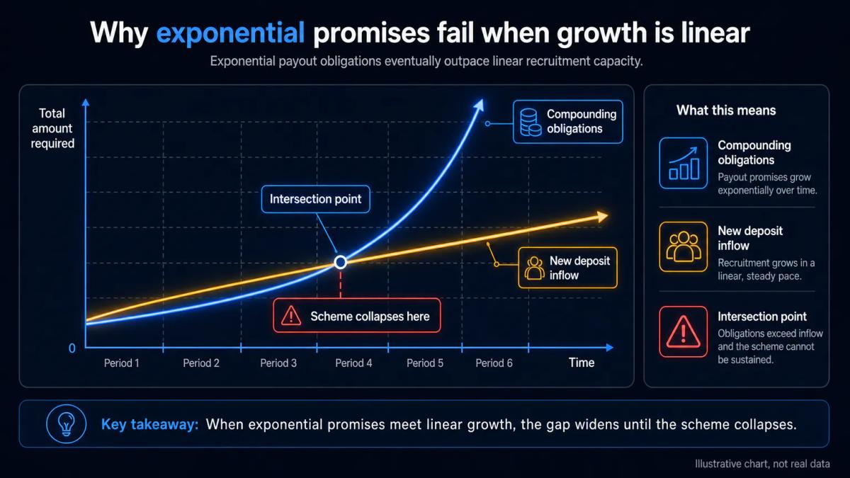 Exponential curve rising steeply, labelled obligations, intersecting a slower linear curve labelled new deposits