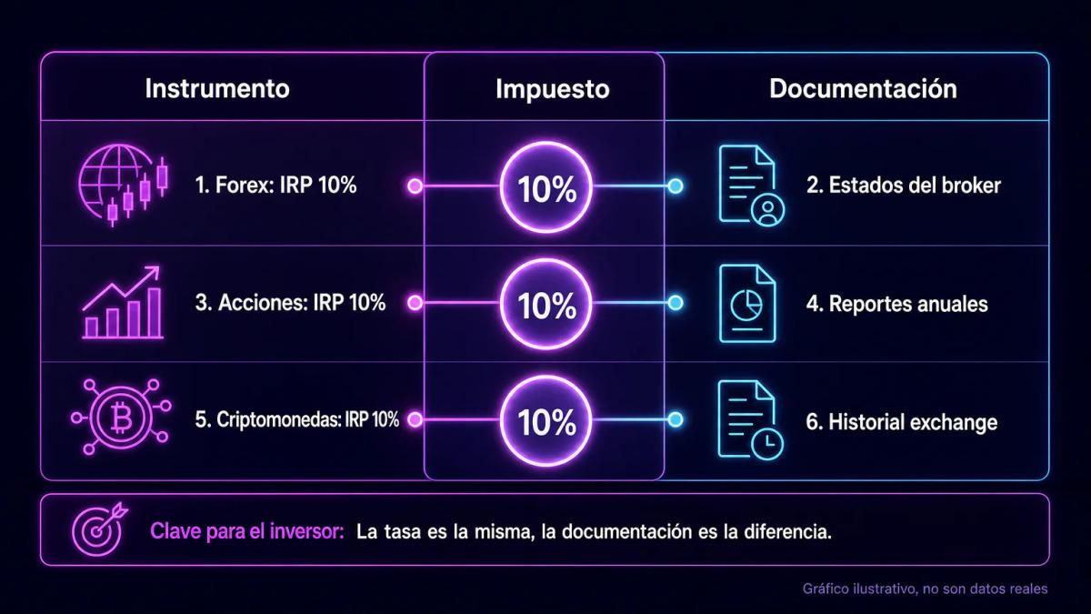 Tabla de tres instrumentos: forex, acciones y criptomonedas, todos con impuesto del 10 por ciento pero diferente documentació