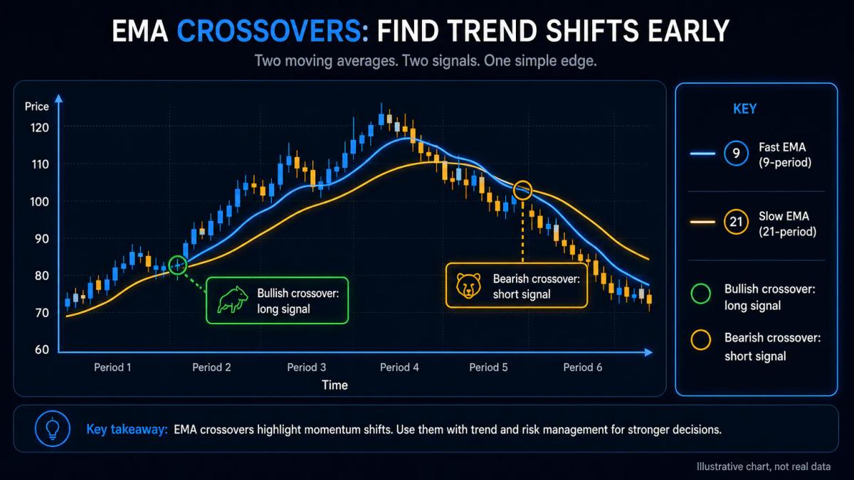EMA crossover anatomy showing fast and slow exponential moving averages with bullish and bearish signals labeled