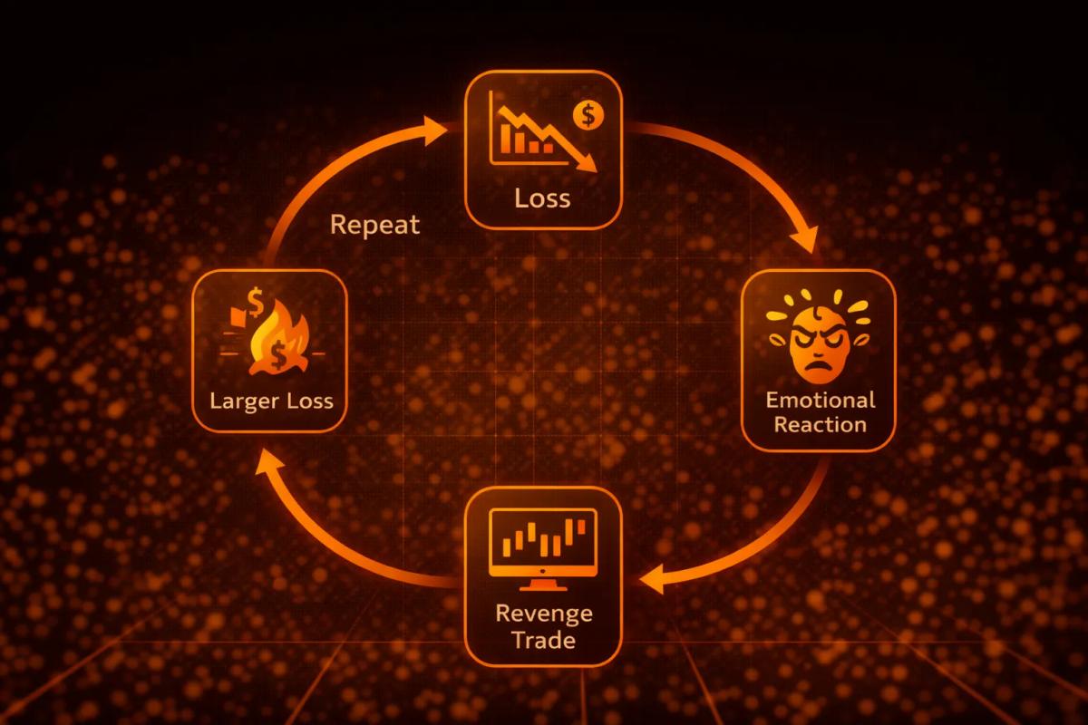 Diagram showing the revenge trading cycle and how emotional decisions compound losses
