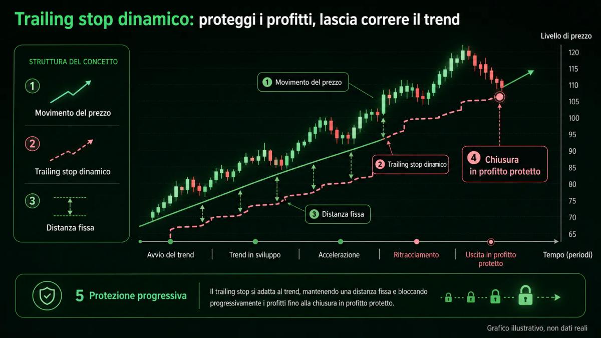 Grafico che illustra il trailing stop che segue il prezzo al rialzo e poi si ferma