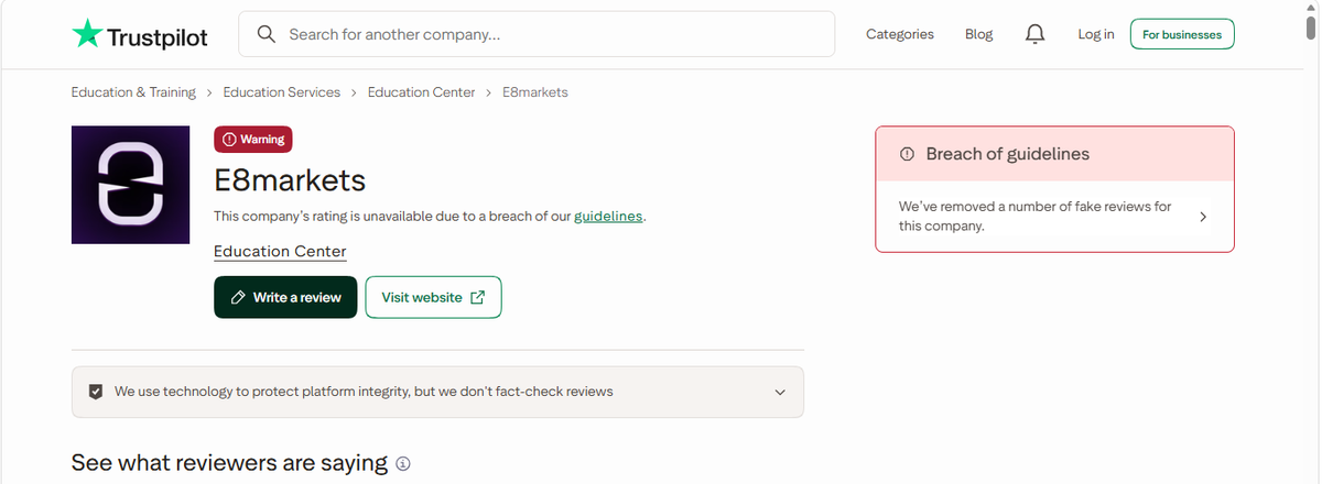 Pagina Trustpilot di E8 Markets con valutazione 4,2/5 e oltre 3.000 recensioni