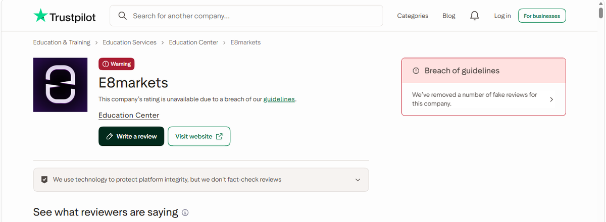 Pagina Trustpilot di E8 Markets con valutazione 4,2/5 e oltre 3.000 recensioni