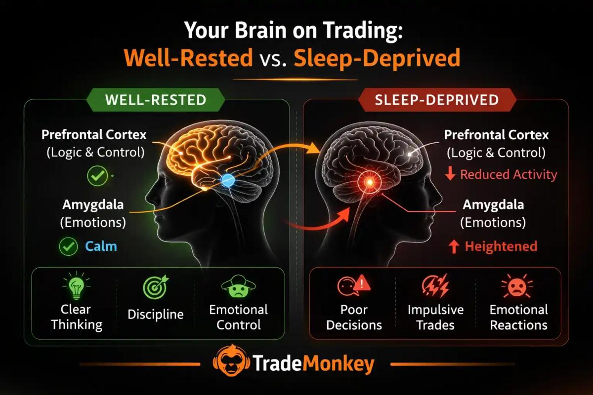Diagram comparing well-rested and sleep-deprived brain states showing prefrontal cortex and amygdala activity