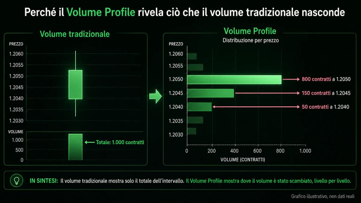 Grafico editoriale che confronta il volume tradizionale verticale con il Volume Profile orizzontale sullo stesso intervallo d