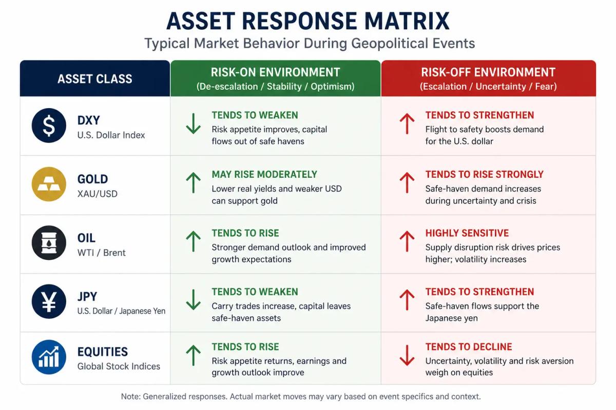Asset class response matrix showing risk-on and risk-off behavior during geopolitical events