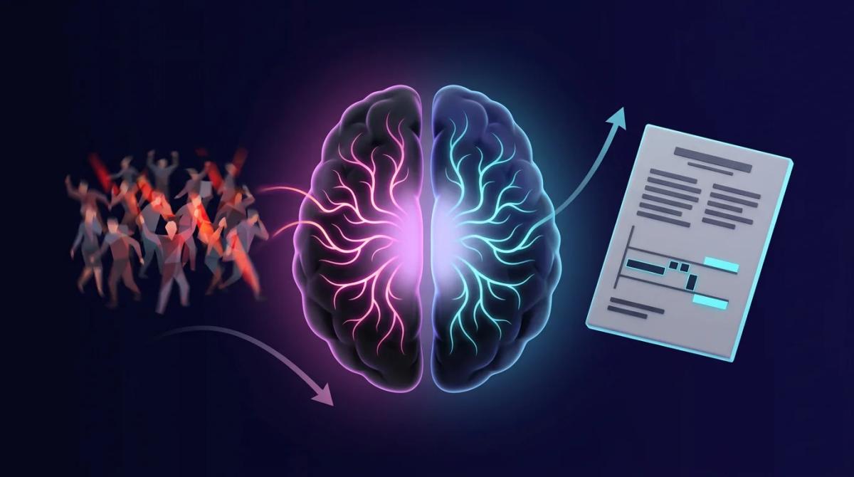 Cerebro humano dividido en dos mitades: una sigue el rebaño en pánico, la otra toma decisión contraria independiente