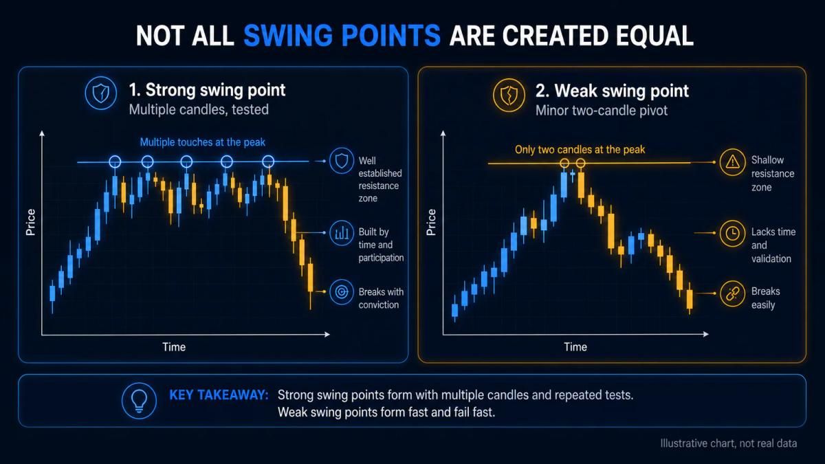 Two price charts side by side contrasting a strong swing point formed over multiple candles versus a weak swing point from a 