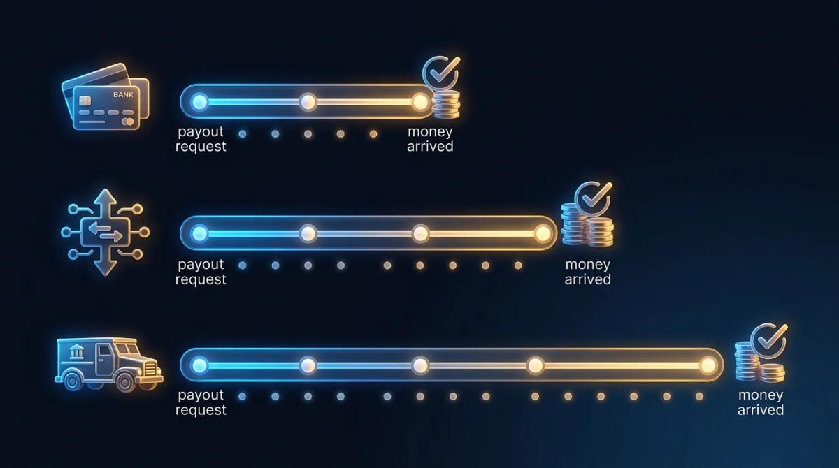 Timeline showing payout settlement windows from request to arrival, comparing three payment methods