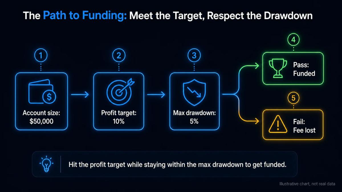 Evaluation phase flowchart showing account size, profit target, drawdown limit, and pass or fail outcome
