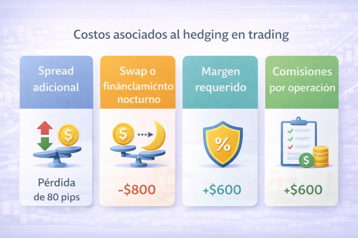 Tabla visual con costos del hedging: spread adicional, swap/financiamiento, margen requerido, comisiones