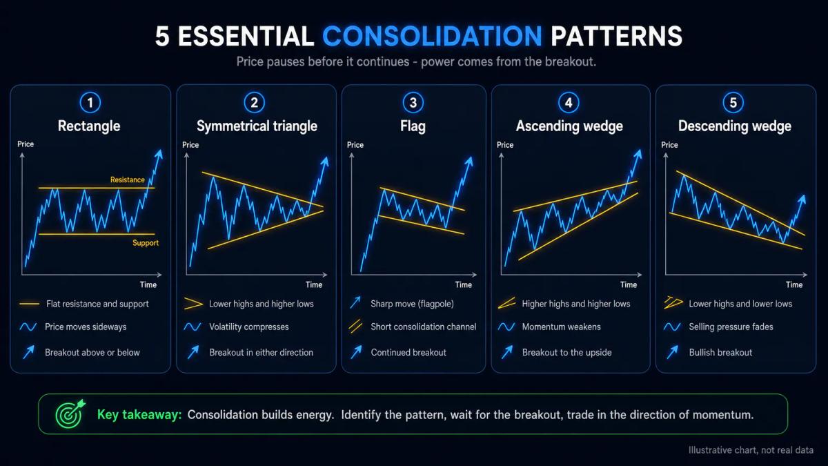 Five consolidation pattern shapes: rectangle, symmetrical triangle, flag, ascending wedge, descending wedge