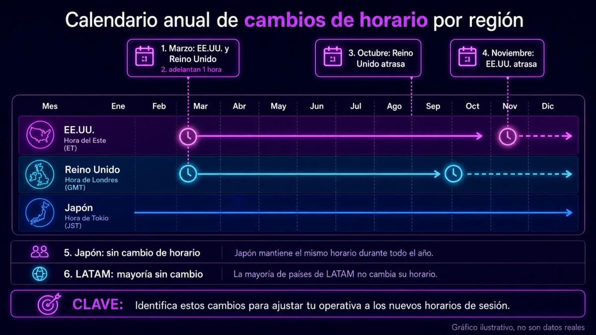 Calendario anual mostrando fechas de cambio de horario de verano en EE.UU., Reino Unido y Japón con desplazamientos de una ho