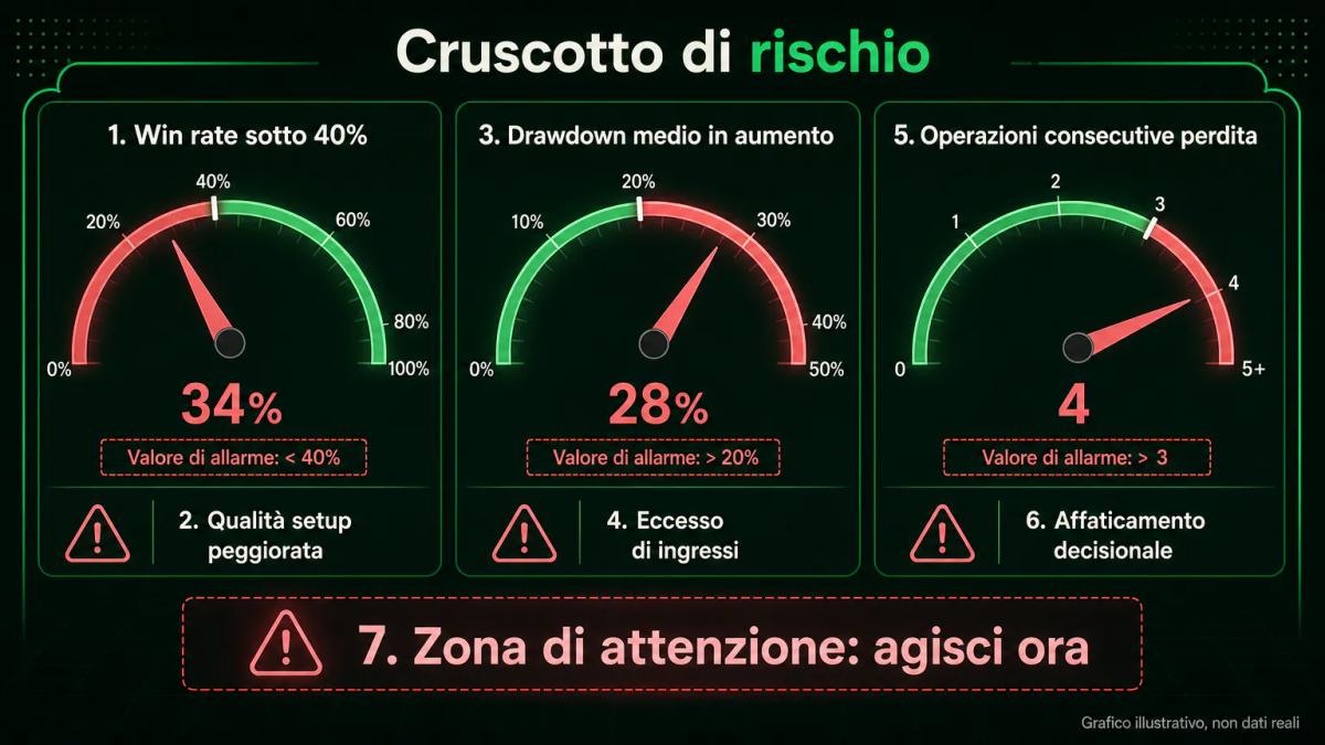 Tre metriche di allarme dell'overtrading: win rate sotto il 40%, drawdown medio in aumento, operazioni consecutive in perdita