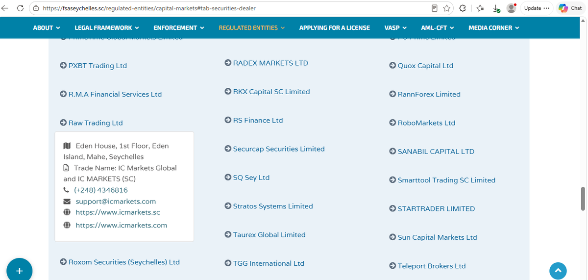 FSA Seychelles register entry for Raw Trading Ltd (IC Markets) with license SD018