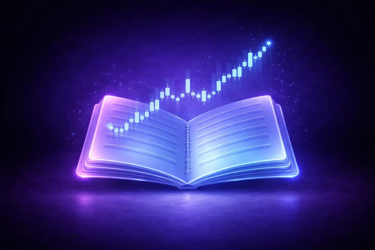 Cuaderno 3D estilizado con páginas abiertas y gráfico de velas flotante en tonos translúcidos sobre fondo púrpura profundo