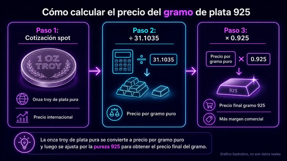 Fórmula de cálculo del precio de plata 925 con tres pasos: cotización spot, conversión a gramos, ajuste por pureza