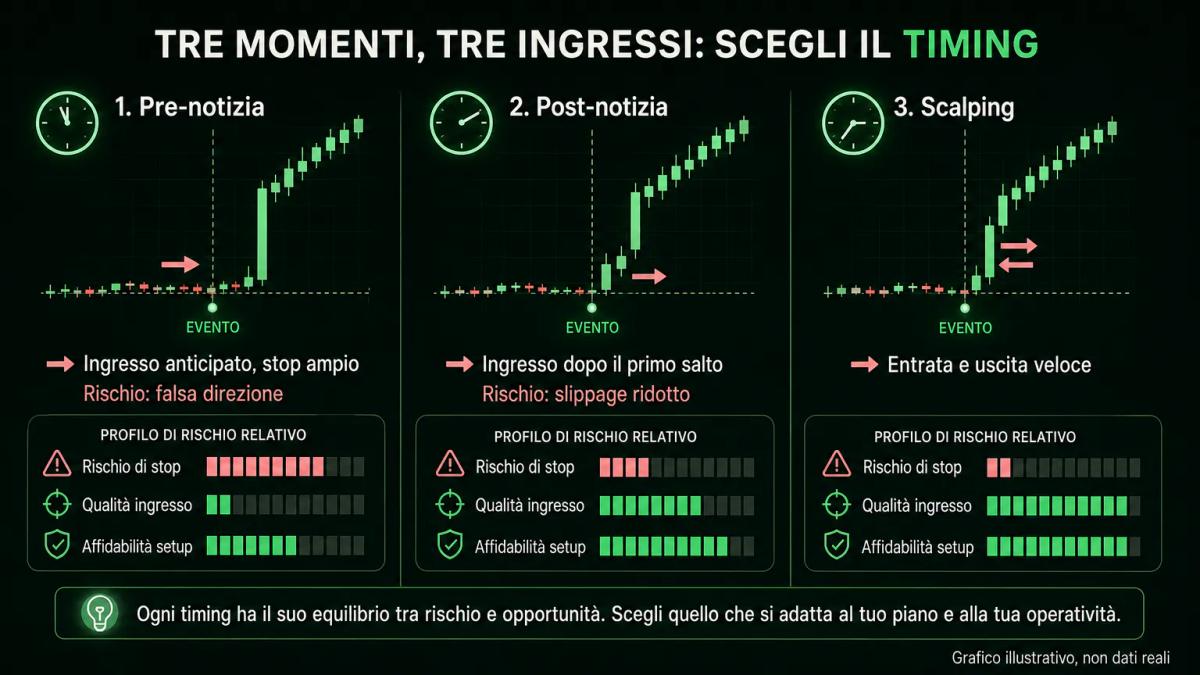 Infografica che mostra tre timeline parallele: ingresso prima della notizia, ingresso dopo la notizia e scalping durante il r