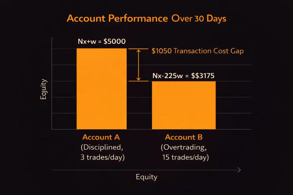Bar chart comparing disciplined trader with 3 daily trades versus overtrader with 15 daily trades over 30 days