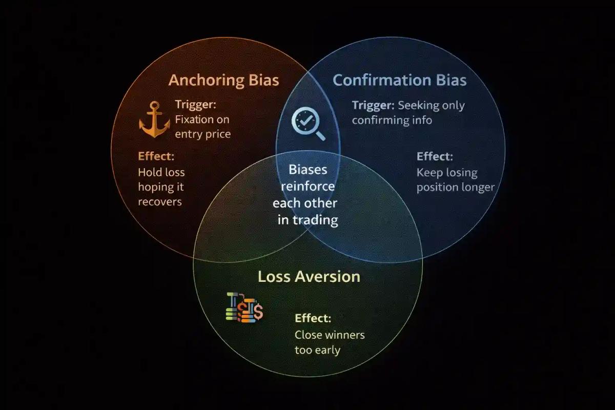 Visual comparison of anchoring bias, confirmation bias, and loss aversion showing how these cognitive biases overlap and reinforce each other in trading