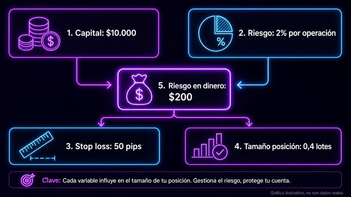 Panel de cálculo de riesgo mostrando capital, porcentaje de riesgo, distancia al stop y tamaño de posición resultante