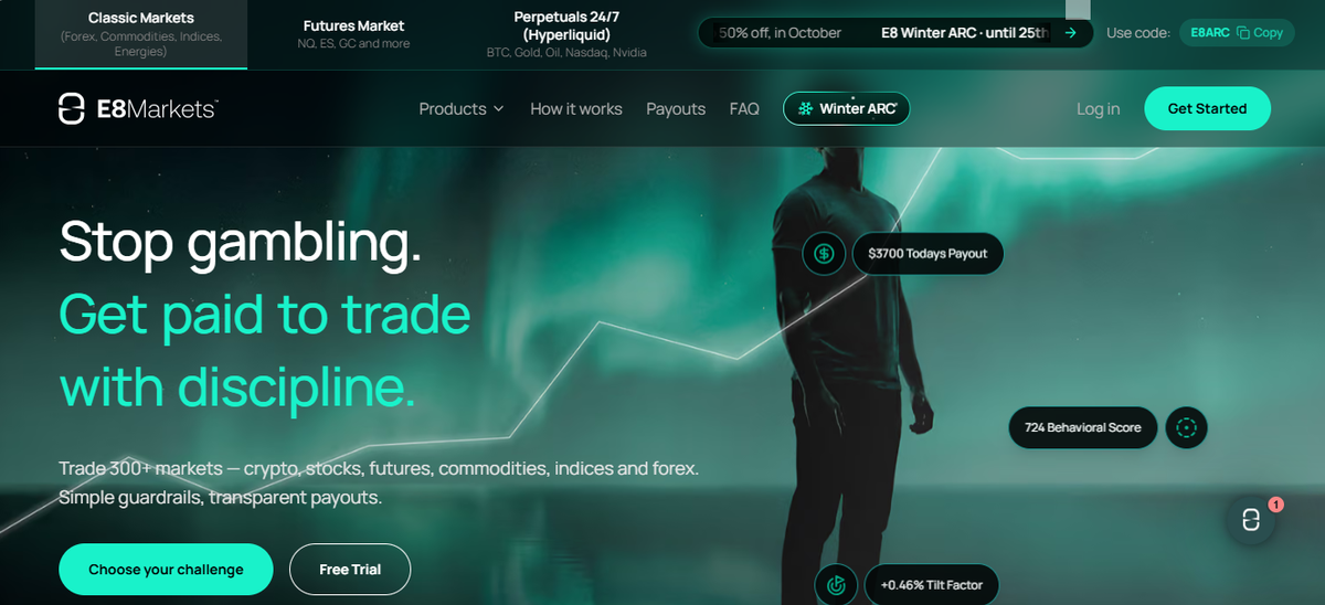 Homepage di E8 Markets con invito ai programmi Pro e Signature