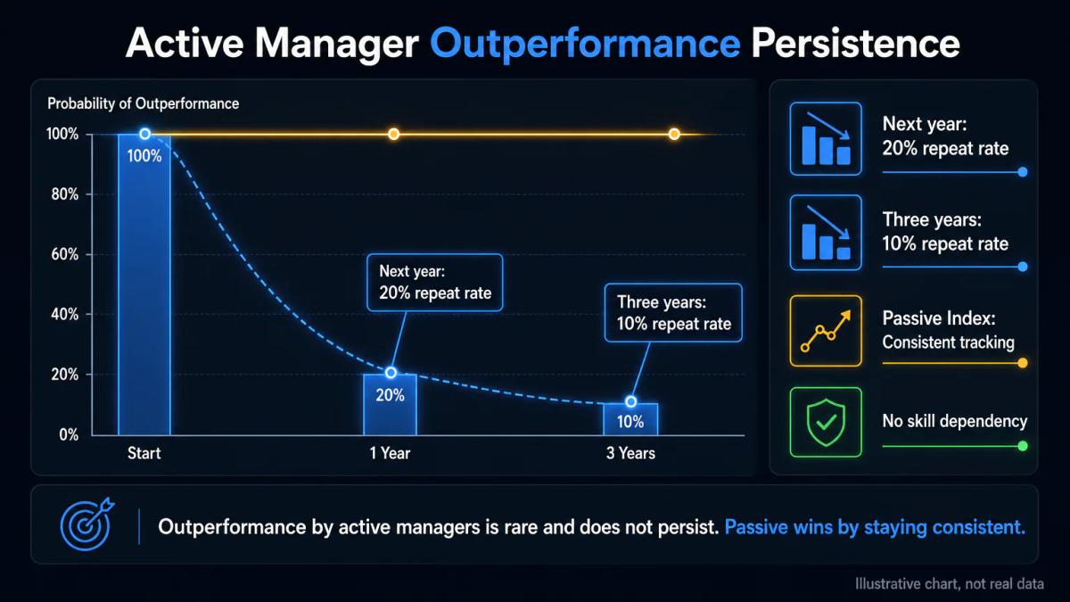 Bar chart showing active managers with only 20% repeat outperformance rate versus passive index consistency