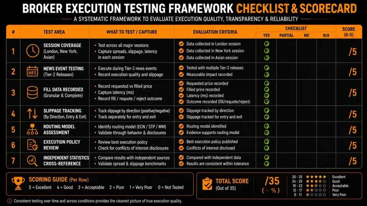 MonkeyTrade broker execution testing checklist showing evaluation criteria across sessions, slippage tracking, and routing model assessment