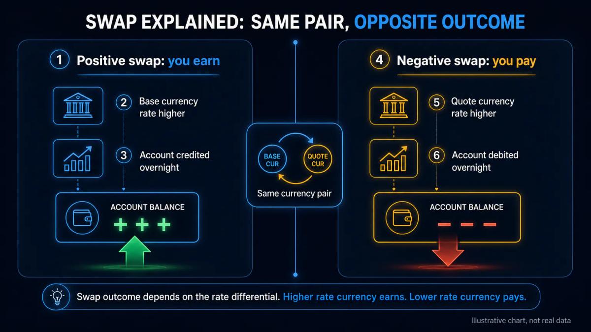 Two-column comparison showing positive swap as account credit and negative swap as account debit with interest rate direction