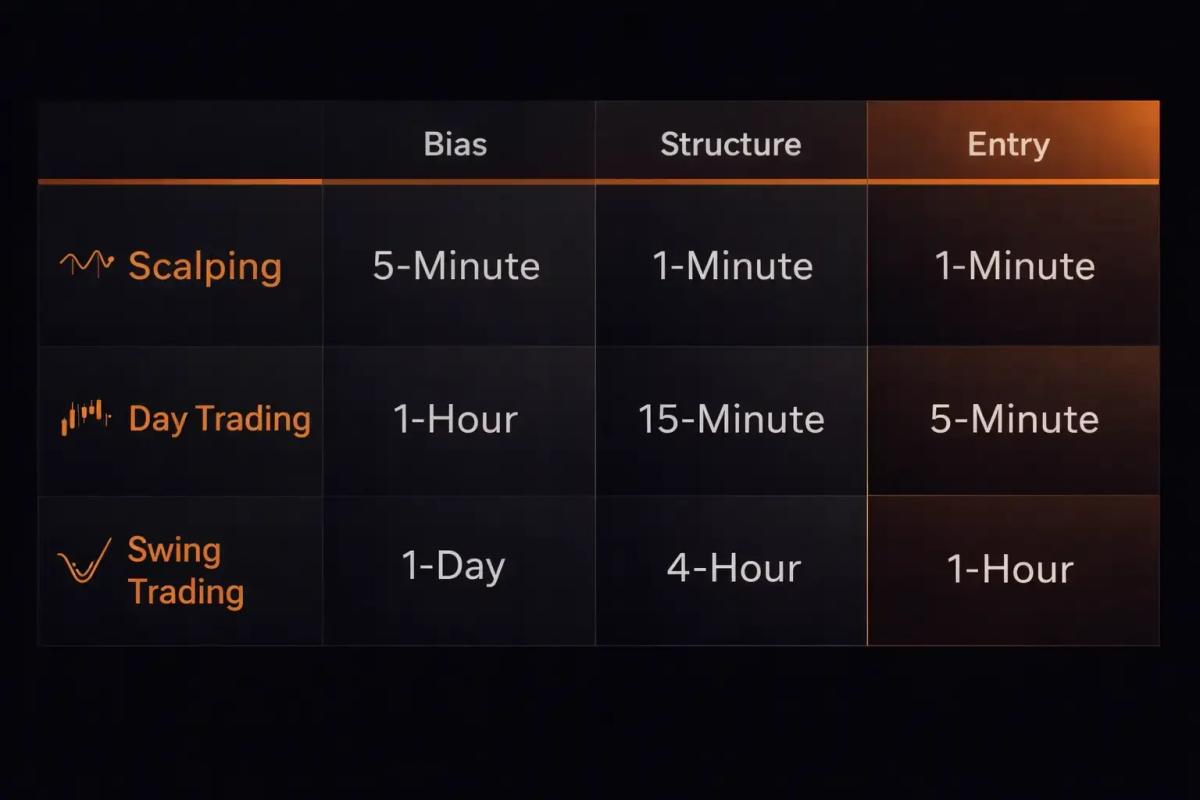 Timeframe combinations for scalping day trading and swing trading with bias structure and entry labels