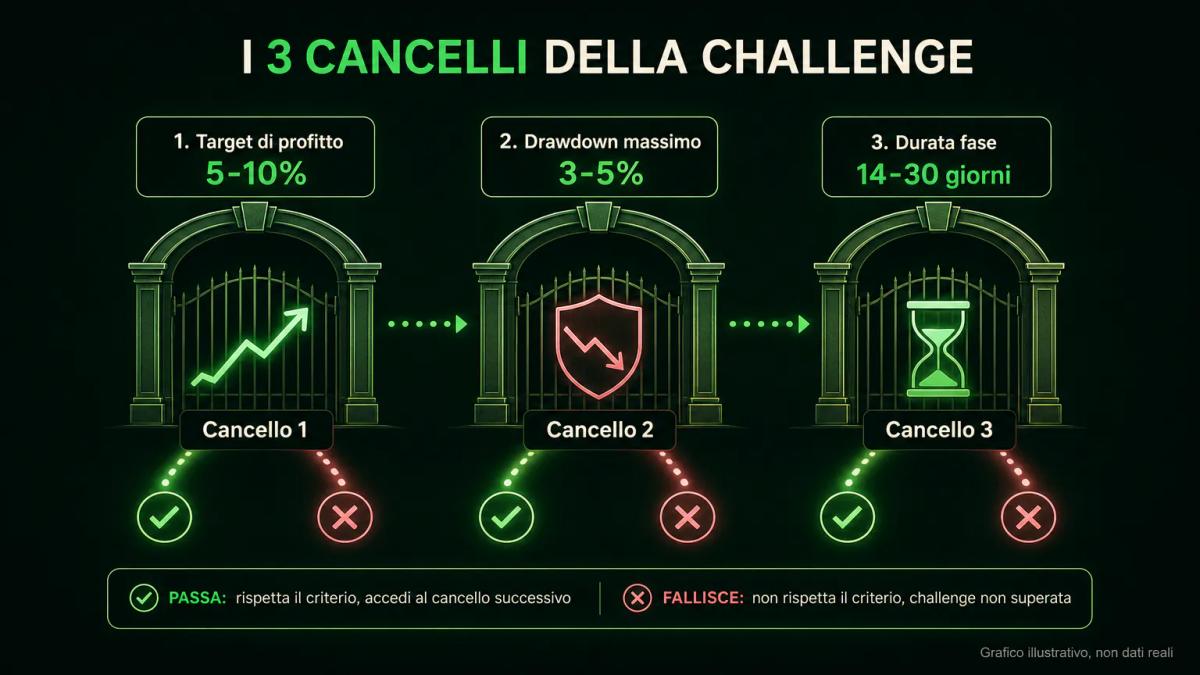 Tre parametri chiave della challenge disposti come cancelli: target di profitto, drawdown massimo, durata in giorni