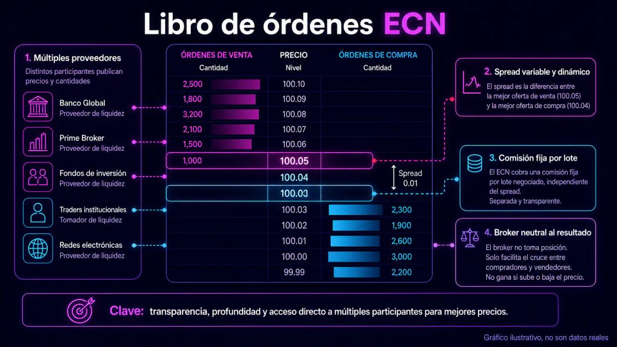 Libro de órdenes ECN con múltiples niveles de profundidad, spreads dinámicos y anotación de comisión por lote